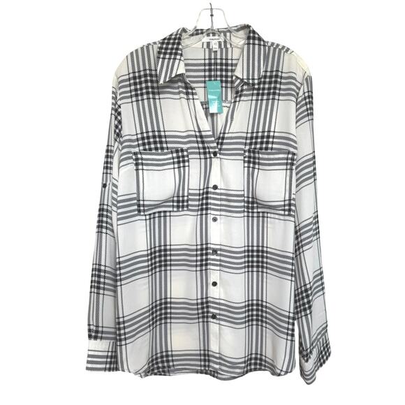 Maurices Women’s Plaid Button Front Tab Sleeve Blouse XXL Winter White Black - Picture 6 of 11